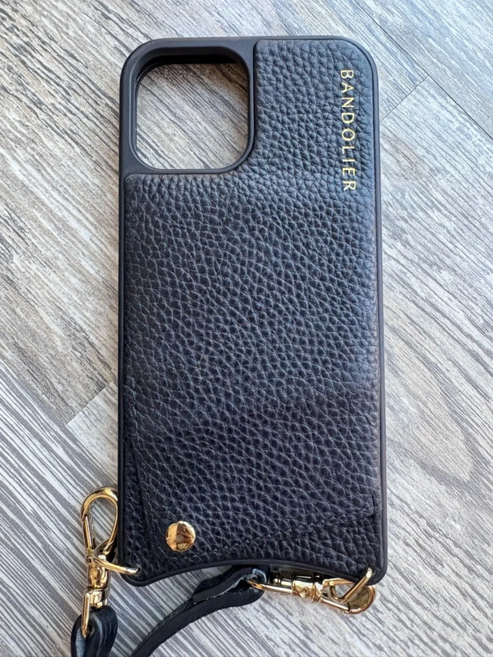 Bandolier Black Leather Crossbody Phone Case with Gold Accents for iPhone 12